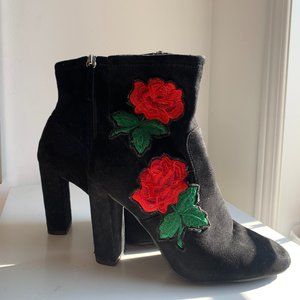 Steve Madden Black Suede 4-Inch Booties With Rose Detailing